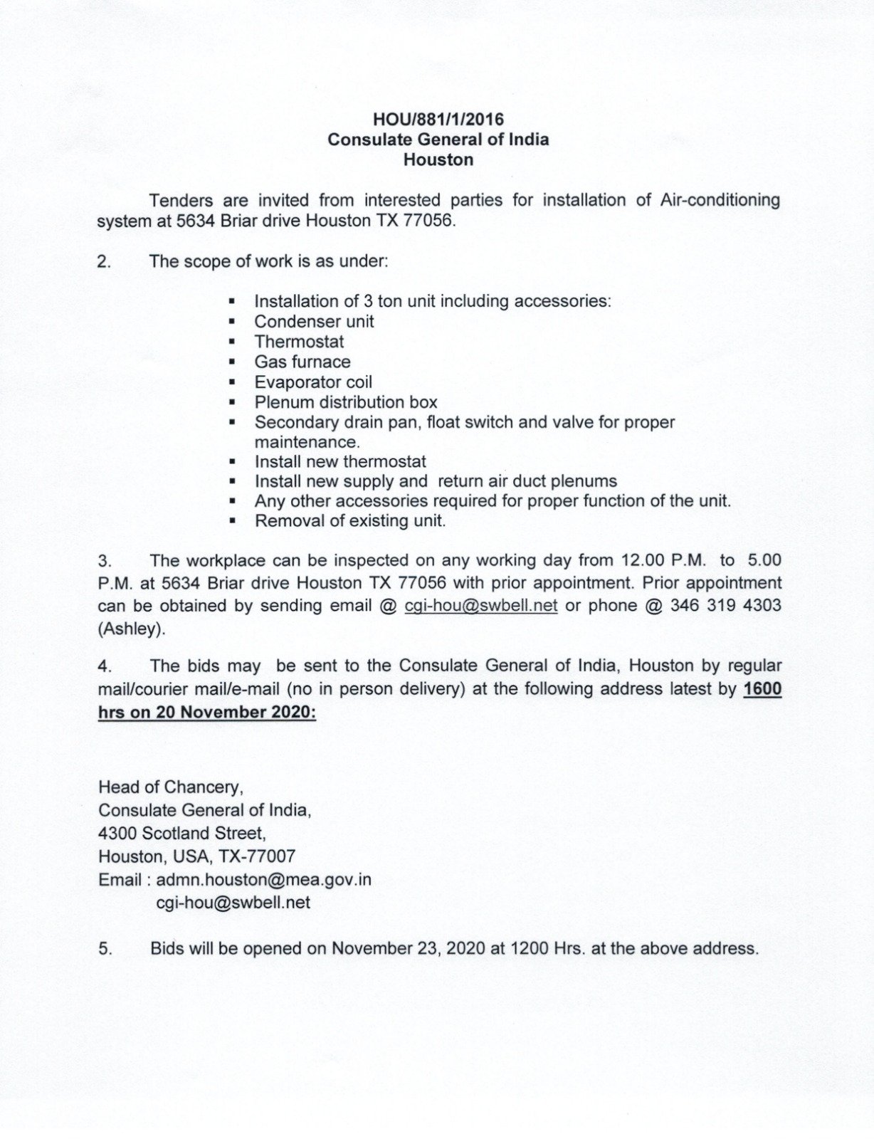 Tender notice for installation of Air-conditioning system