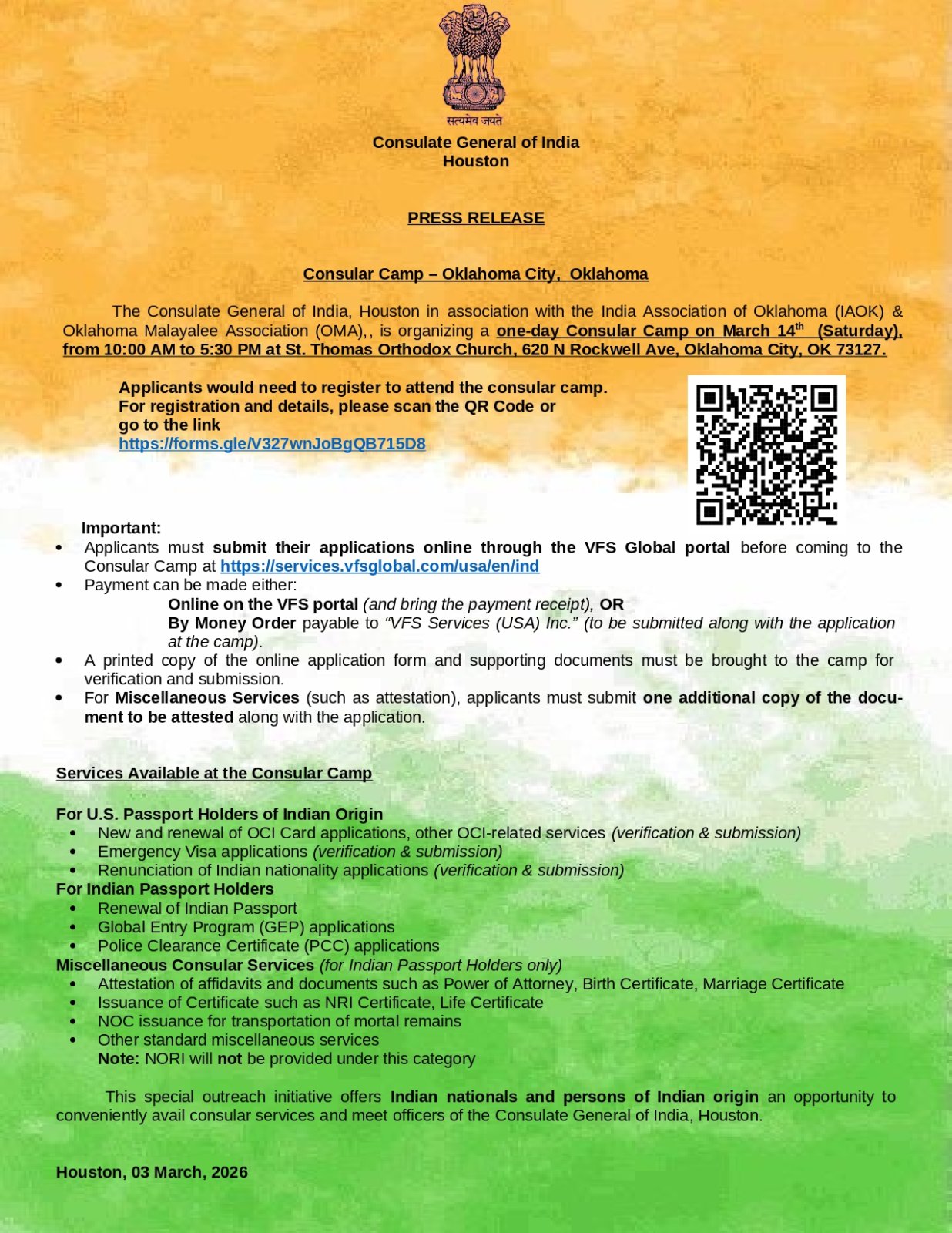 Press Release : Consular Camp Oklahoma city , Oklahoma
